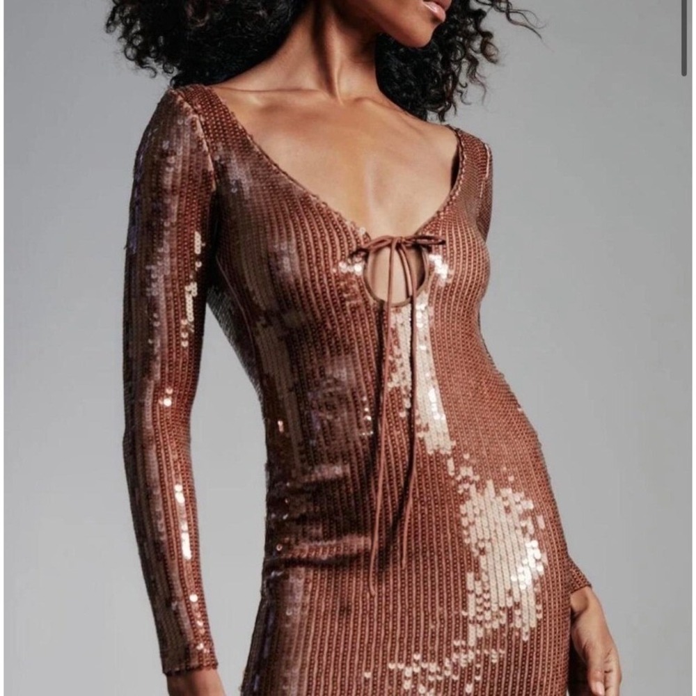 Bardot Bronze Sequin Open Back Mini Dress Long Sleeve V-Neck Size US‎ 8 L NEW